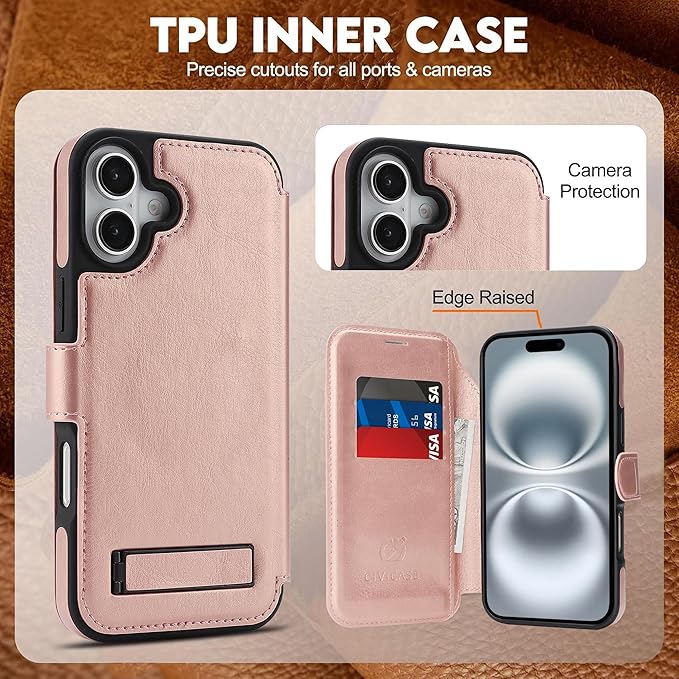 CIVICASE for iPhone 17 Wallet Case with Stand,PU Leather Flip Credit Card Holder Slots (RFID Blocking),Compatible with Magsafe Magnetic Holder Phone Cover Women Men,Rose Gold