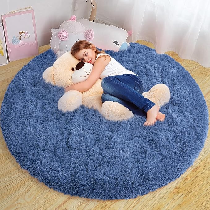 Round Fluffy for Bedroom Rugs, 5Ft Navy Blue Shag Circle Rug Non-Slip for Kids Girls Boys Bedroom Dorm Nursery Playroom, Soft Cute Area Rugs for Living Room Decor