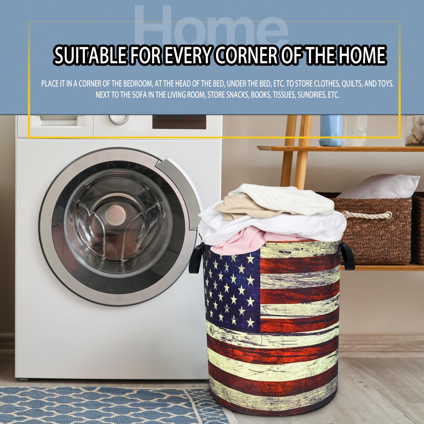 Retro American Flag Laundry Basket Patriotic Foldable Oxford Cloth Funny Tote Bag Laundry Hamper Clothes Storage Bucket Organizer For Bathroom/Laundry Storage/Bedroom 18.9x16.5 Inch