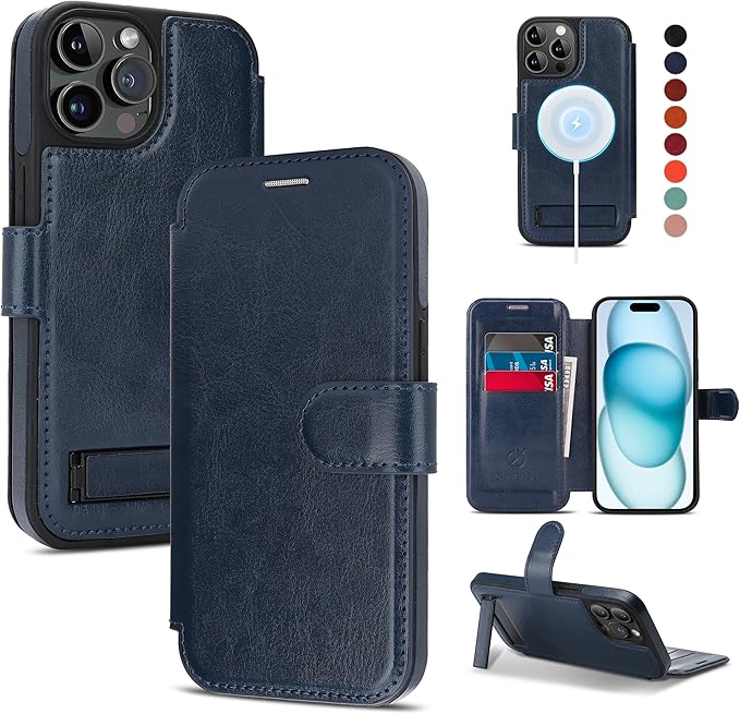 CIVICASE for iPhone 15 Pro Max Wallet Case with Stand,PU Leather Flip Credit Card Holder Slots (RFID Blocking),Compatible with Magsafe Magnetic Holder Phone Cover Women Men,Blue