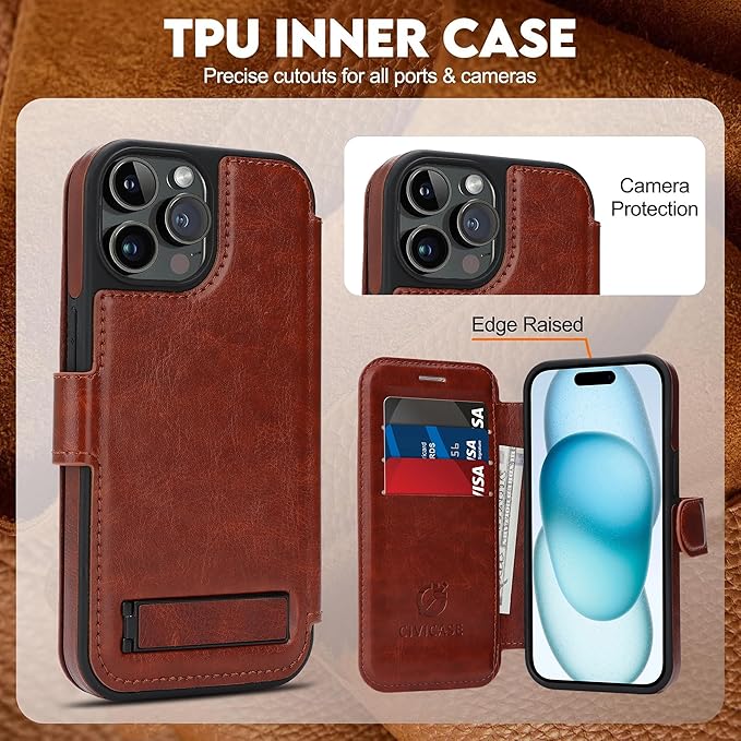 CIVICASE for iPhone 15 Pro Wallet Case with Stand,PU Leather Flip Credit Card Holder Slots (RFID Blocking),Compatible with Magsafe Magnetic Holder Phone Cover Women Men,Dark Brown
