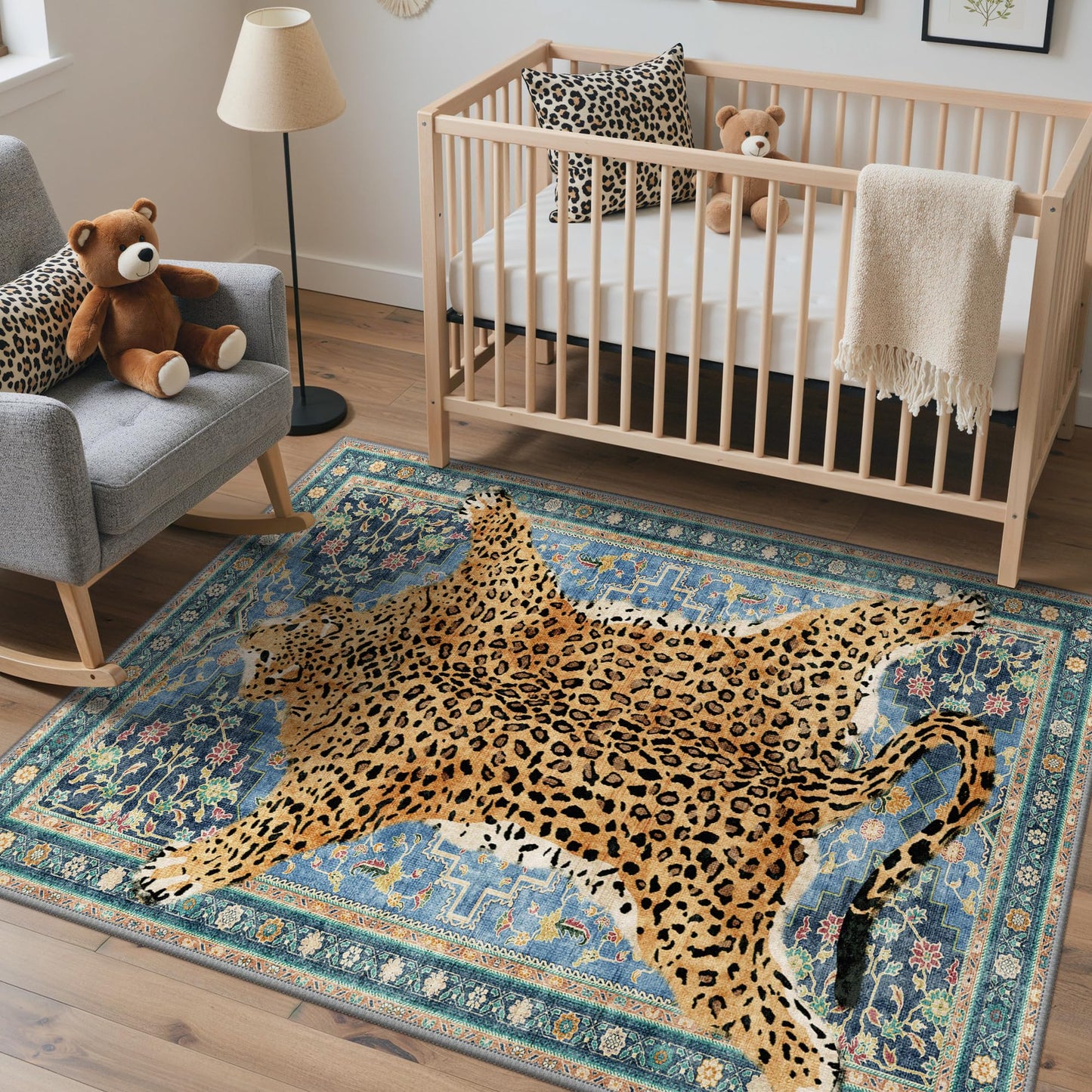 Bavni 5x7 Leopard Rug, Machine Washable Cheetah Animal Print Low Pile Boho Woodland Jungle Carpet, Non-Slip Non-Shedding Pet Friendly Rug for Living Room Playroom Bedroom Entryway, Blue