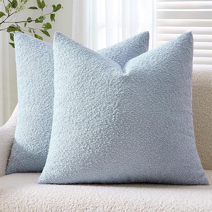ANRODUO Pack of 2 Textured Boucle Throw Pillow Covers Soft Light Blue Euro Decorative Accent Solid Pillow Cases Cozy Modern Couch Cushion Case for Bed Sofa Bedroom Living Room Home Decor, 22 x 22 Inch