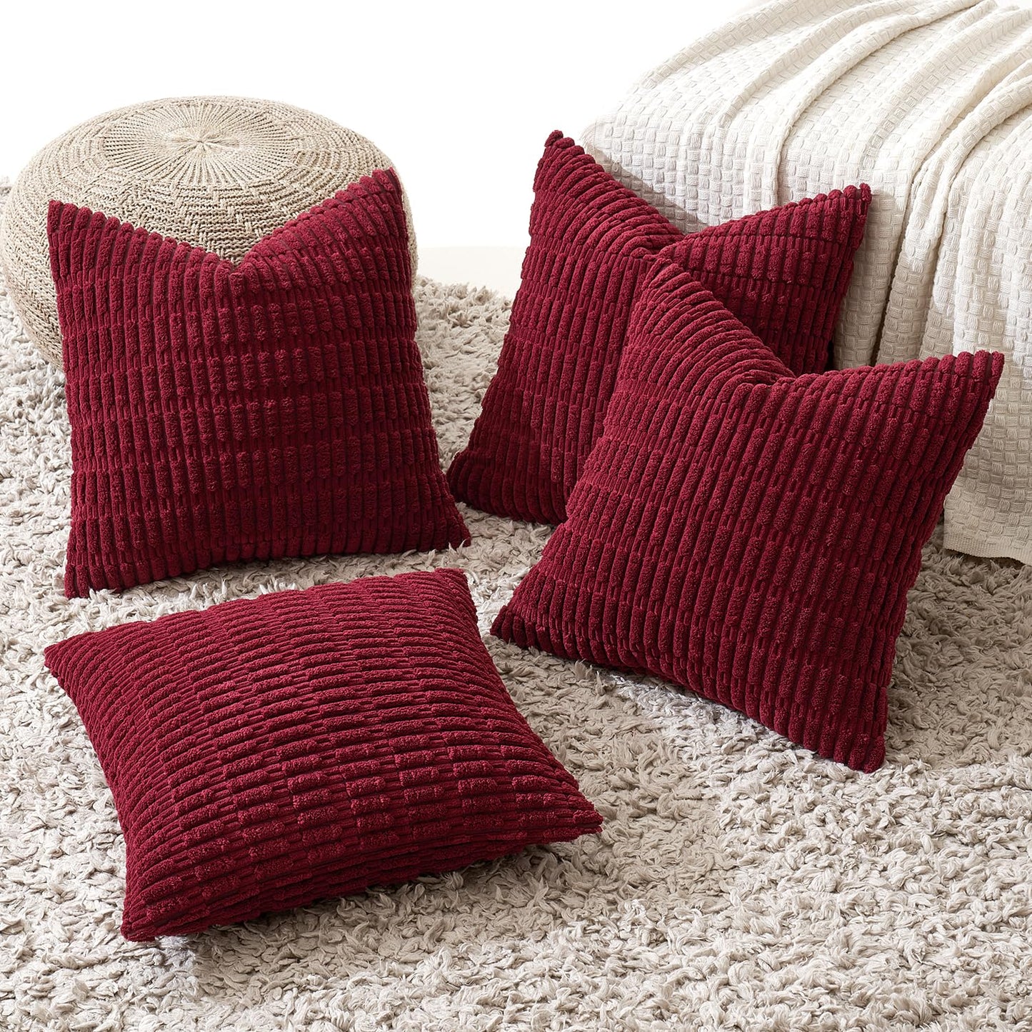MIULEE Pack of 4 Christmas Wine Red Corduroy Decorative Throw Pillow Covers 18x18 Inch Soft Boho Striped Pillow Covers Modern Farmhouse Home Decor for Sofa Living Room Couch Bed