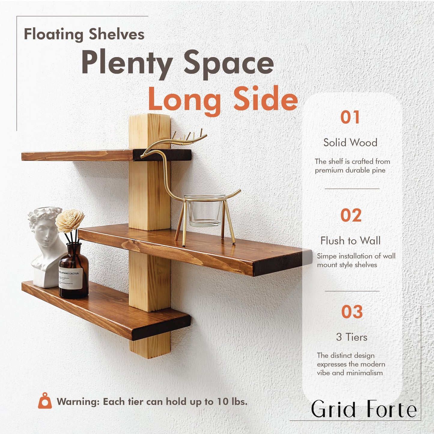 GRID FORTE Wood 3-Tier Floating Shelf, Large Minimalist Wall Shelves