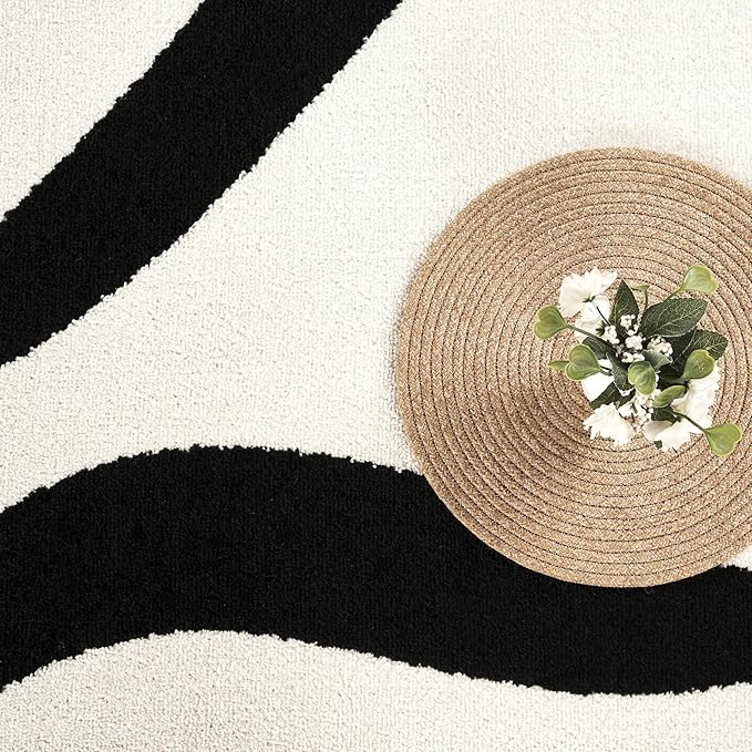 Abani Abstract Beige/Black Area Rug - 2' x 3' - Modern Curved Line Design - Deco Collection - Easy to Clean - Durable for High Traffic Areas - Bedroom, Office & Kitchen - Medium Pile