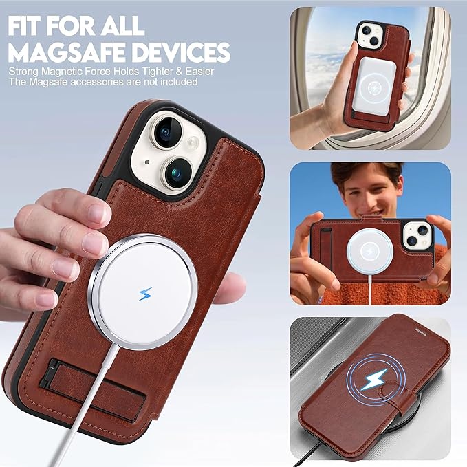 CIVICASE for iPhone 15 Wallet Case with Stand,PU Leather Flip Credit Card Holder Slots (RFID Blocking),Compatible with Magsafe Magnetic Holder Phone Cover Women Men, Dark Brown