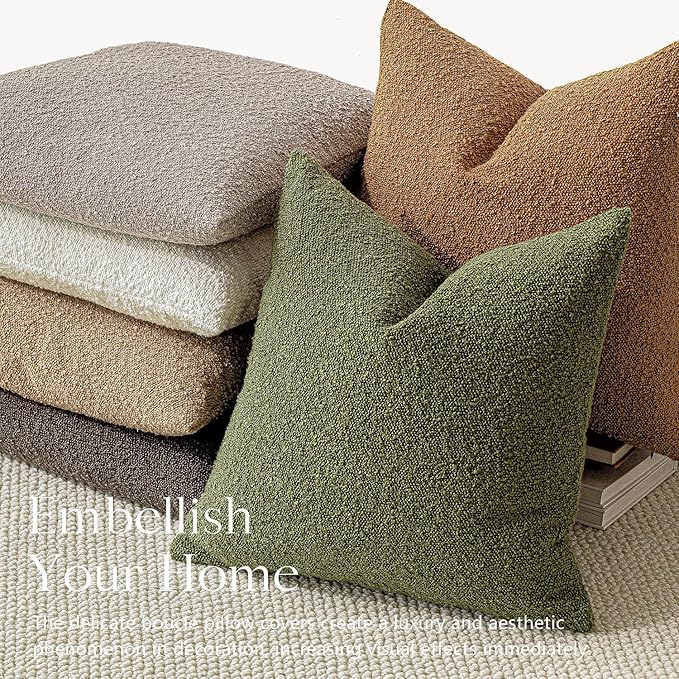Foindtower Decorative Textured Boucle Throw Pillow Covers Accent Solid Pillow Cases Neutral Soft Cozy Couch Cushion Case for Chair Sofa Bedroom Living Room Home Decor 26 x 26 Inch,Green