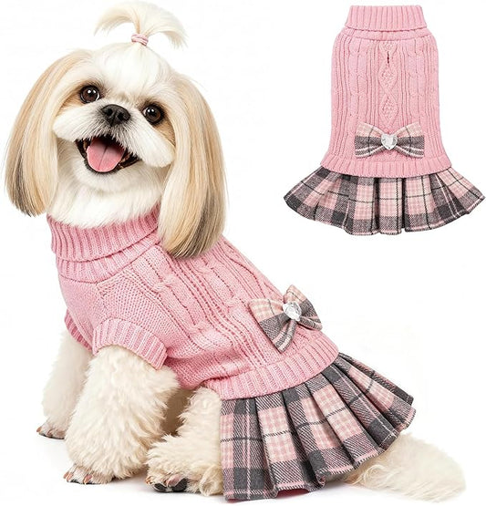YUDODO Valentines Small Dog Sweater Dress with Bowtie Turtleneck - Knitted Pet Girl Dog Winter Clothes - Pet Warm Sweater for Puppy Yorkies, Chihuahua (S Pink)