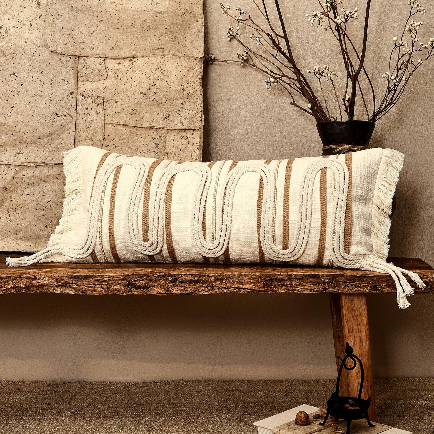 AIBU HOME Decorative Lumbar Pillow Cover 12x28, Handwoven Boho Long Body Pillow for Bed Farmhouse Lumbar Throw Pillow, Cotton Linen Tassel Cushion Case for Sofa, Living Room, Bedroom(Beige)