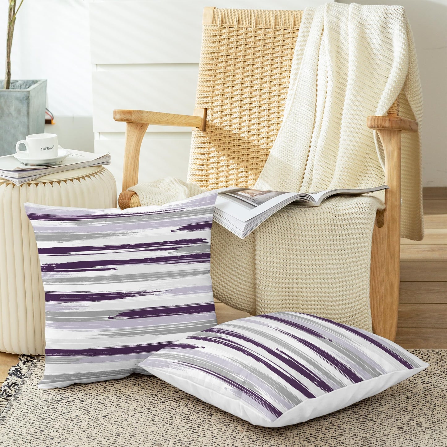 CaliTime Throw Pillow Cases Pack of 2 Cozy Fleece Rock Stone Geometric Texture Decorative Cushion Covers for Couch Bed Sofa Farmhouse Decoration 18 X 18 Inches Deep Purple Grey