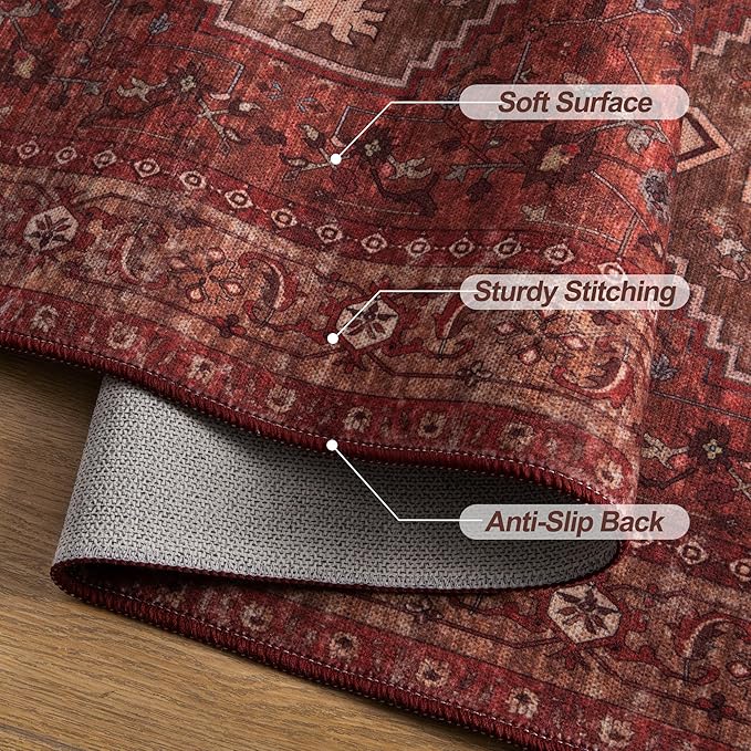 Tangsoo 5x7 Area Rug Washable Rug for Living Room, Vintage Indoor Non Slip Large Area Rugs, Print Distressed Carpet, Soft Low Pile Foldable Floor Rug for Bedroom Dining Room Dorm Dark Red