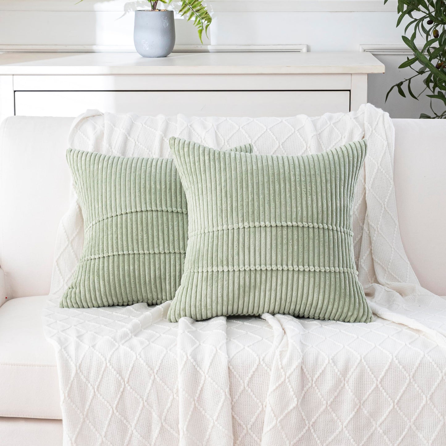 RDQRDQ Decorative Throw Pillow Covers Set of 2 ，Rustic Farmhouse Boho Home Decor, Soft Plush Striped Corduroy Square Cushion Case 18"x18"Sagegreen