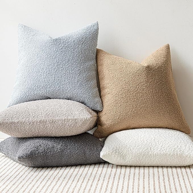 Foindtower Decorative Textured Boucle Throw Pillow Covers Accent Solid Pillow Cases Neutral Soft Cozy Couch Cushion Case for Chair Sofa Bedroom Living Room Home Decor 24 x 24 Inch,Light Blue