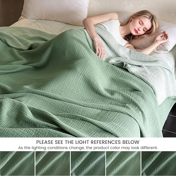 FALUCA Cotton Muslin Reversible Blanket King Size for Bed, Couch, Four Layers Blanket, Soft Lightweight Cozy Breathable Farmhouse Decoration for All-Season, Light Green