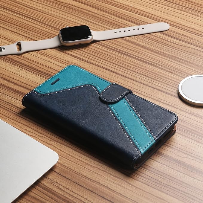 CIVICASE for iPhone 12/iPhone 12 Pro Wallet Case,Leather Flip Case [RFID Blocking] Credit Card Holder Folio Magnetic Stand TPU Shockproof Cover Color Matching for iPhone 12/iPhone 12 Pro,Blue Green