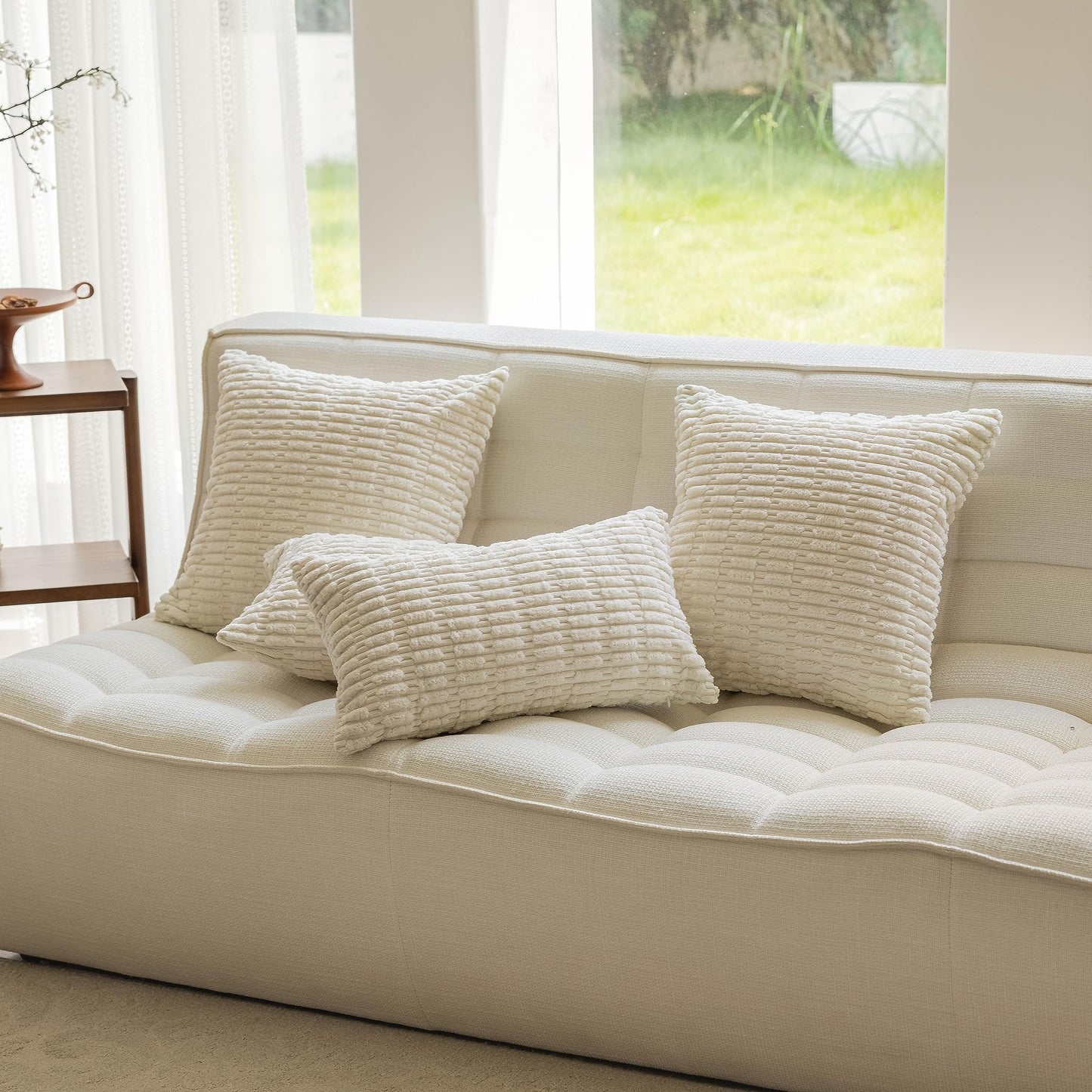 Home Brilliant Pillow Covers 24x24 White Decorative Corduroy Striped Euro Pillow Shams Soft French Cream Plush Pillow Cases for Sofa Bedroom Bed Couch, Set of 2, 24 x 24 inch, Cream