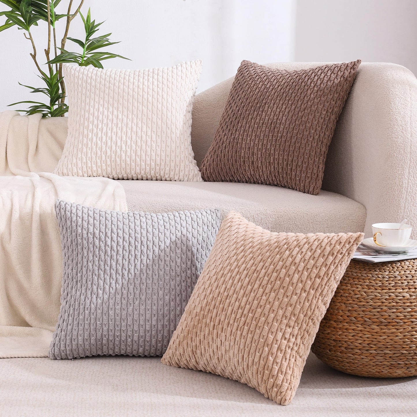 VAKADO Couch Throw Pillow Covers 18x18 Set of 4 Decorative Neutral Corduroy Boho Rustic Farmhouse Cushion Case Square for Home Decor Sofa Living Room Bed