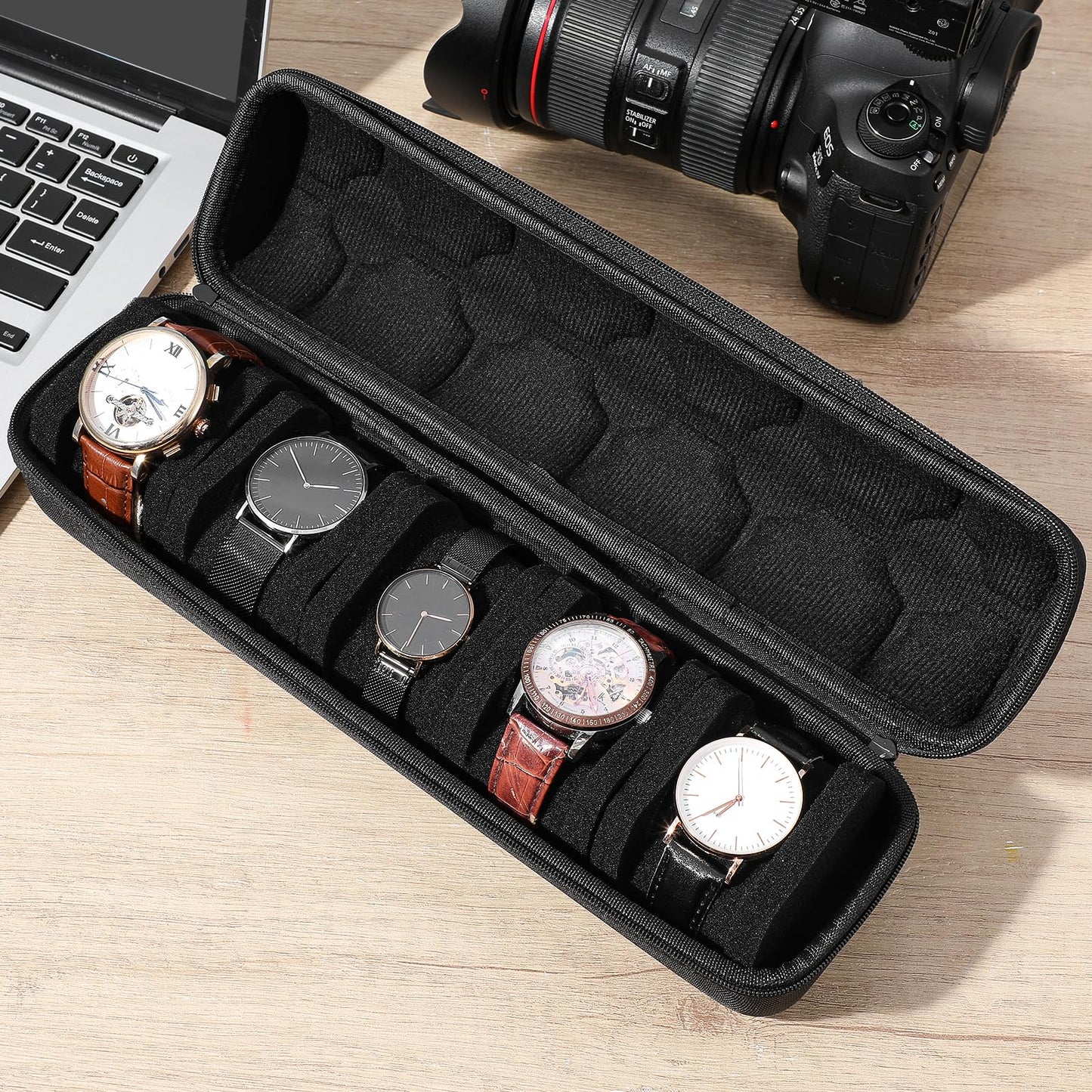 Ubamdom 2 Pcs 5 slots Hard men's watch travel case, Portable zipper storage organizer box with soft compressible foam pillow to fit large and small watchesBlack
