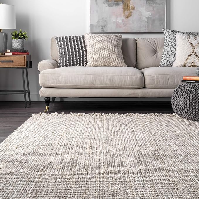 Nuloom Daniela Off-White, 8' Square, Handmade, Jute, Tassel, Soft and Textured, High Traffic, Stain Resistant, Easy Clean, Durable Area Rug for Bedroom, Living Room, Dining Space, Foyer, Entryway