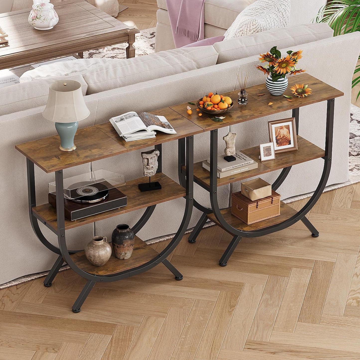 Trironsun 3 Tier Console Table with Storage 30" Height Entryway Table with Open Shelves Industrial Sofa Table Behind Couch for Living Room Hallway Entrance (Rustic Brown)