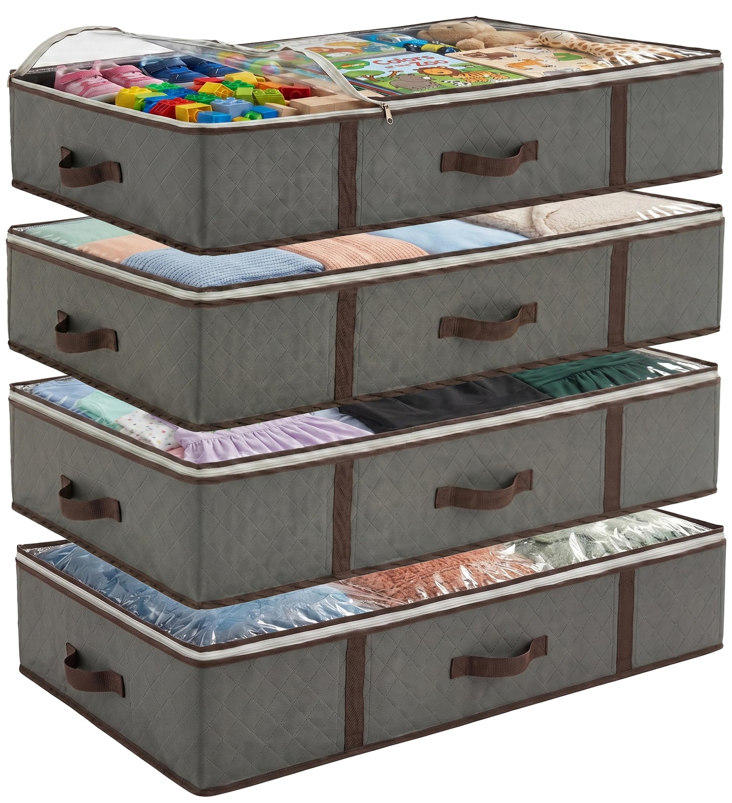 Underbed Storage Bags 4-Pack - Foldable Under Bed Storage Organizer for Clothes, Bedroom Blankets, Comforter, Pillows, Linen Sheets, Towels, Sweaters, Shoe Drawers - Ideal for College Dorms (Grey)