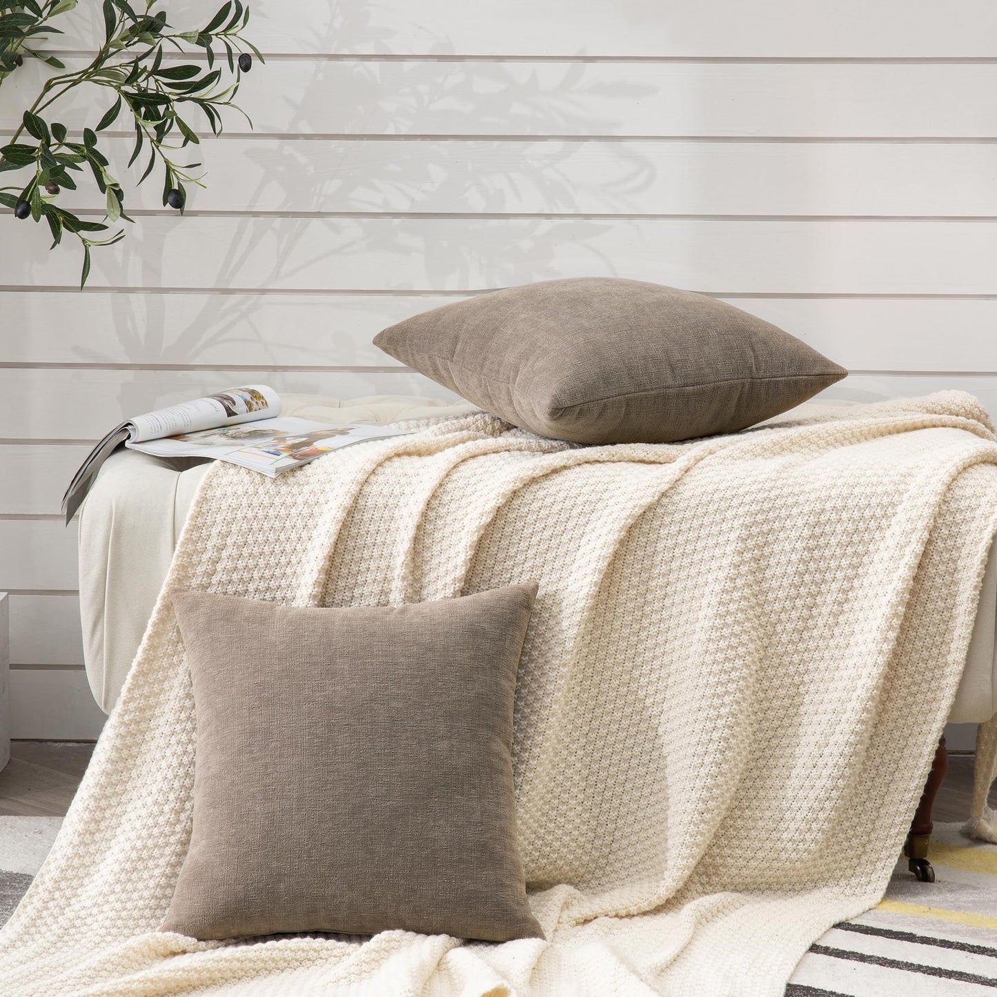 GAWAMAY Decorative Throw Pillow Covers 16x16 Inch Set of 2, Super Soft Chenille Square Pillows Farmhouse Fall Pillowcase for Living Room Bedroom Sofa Couch Cushion Cover Taupe Grey 40x40cm