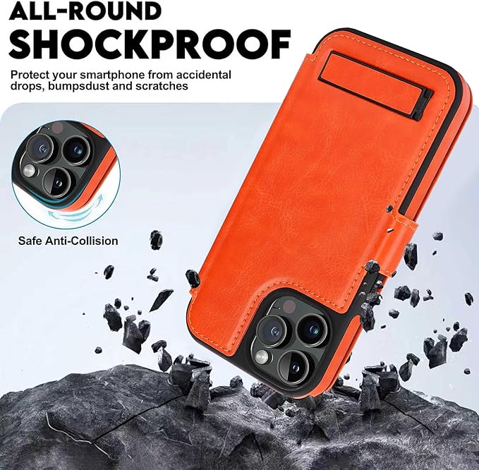 CIVICASE for iPhone 13 Pro Max Wallet Case with Stand,PU Leather Flip Credit Card Holder Slots (RFID Blocking),Compatible with Magsafe Magnetic Holder Phone Cover Women Men,Orange