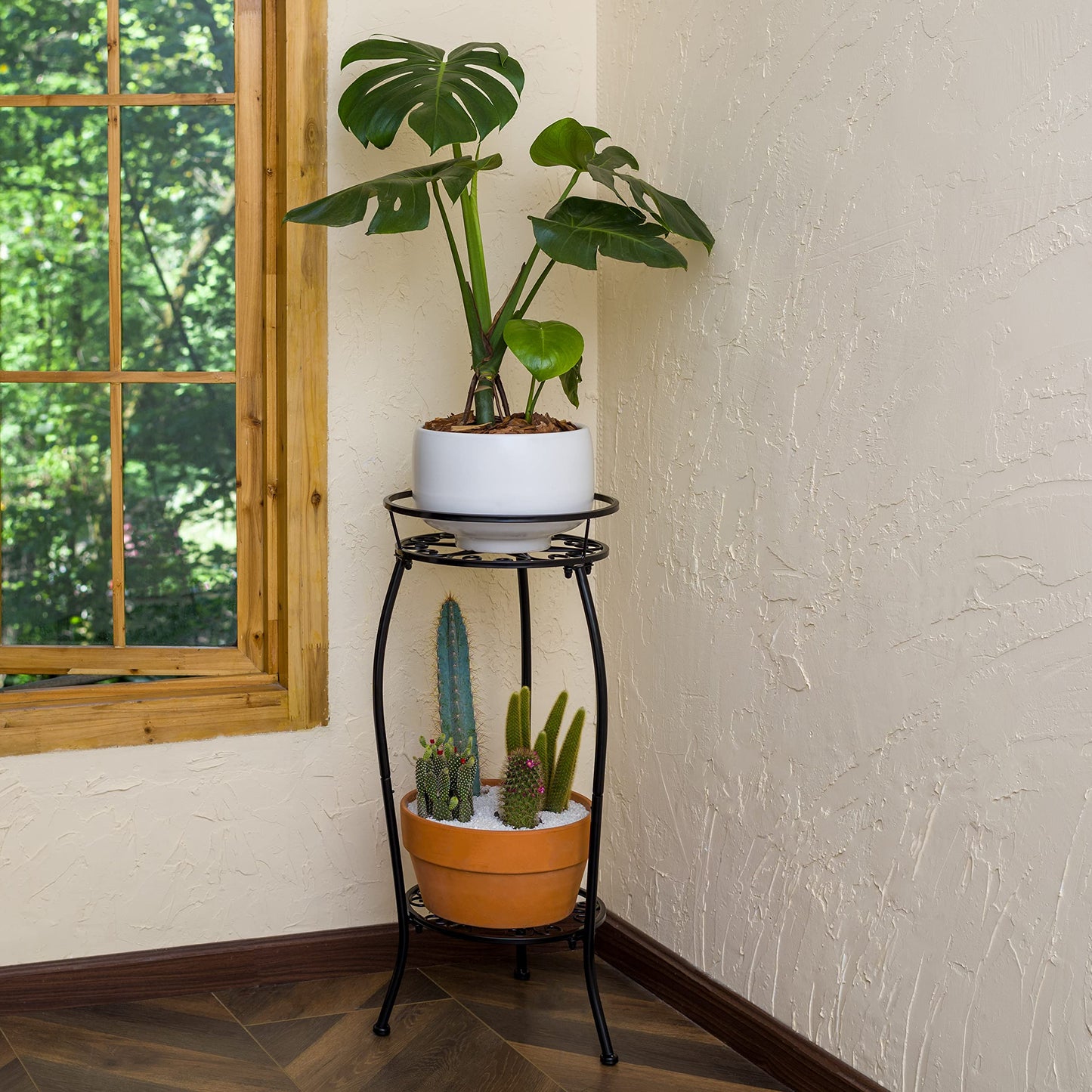 FaithLand 2 Pack Metal Plant Stands, Tall Planter Holder Indoor Outdoor, 2 Tier Round Potted Supports Rack, Corner Display Shelf Black