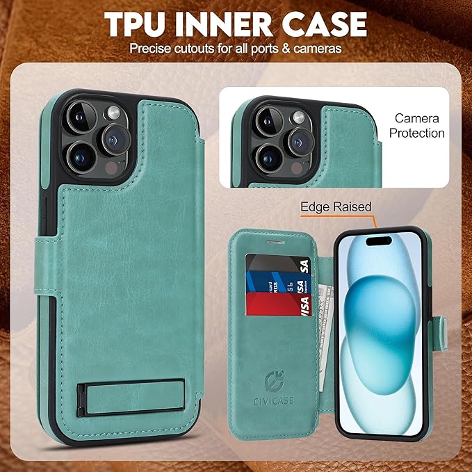CIVICASE for iPhone 14 Pro Max Wallet Case with Stand,PU Leather Flip Credit Card Holder Slots (RFID Blocking),Compatible with Magsafe Magnetic Holder Phone Cover Women Men,Green