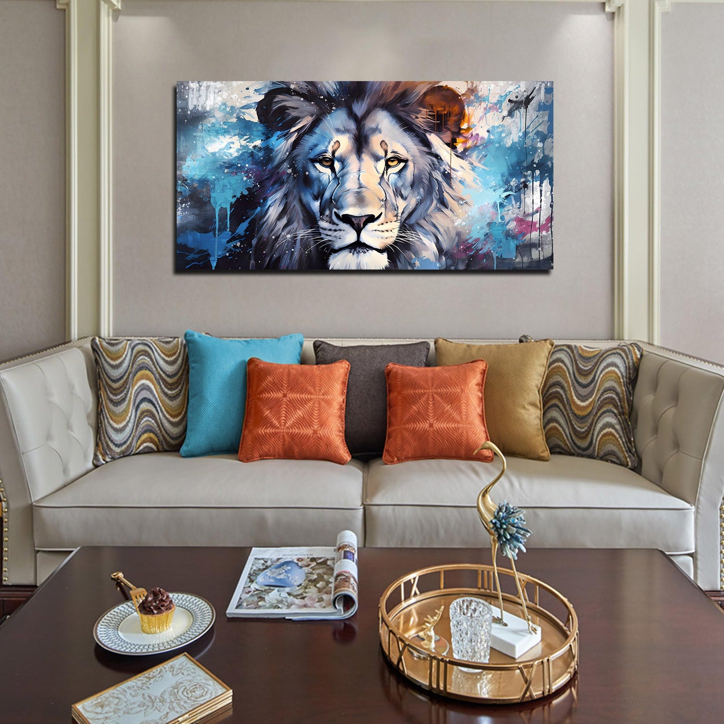 ENTANUB Lion Canvas Wall Art for Living Room, Blue Print Painting for Bedroom, Animal Picture Decor, Large Size 48x24 Inches