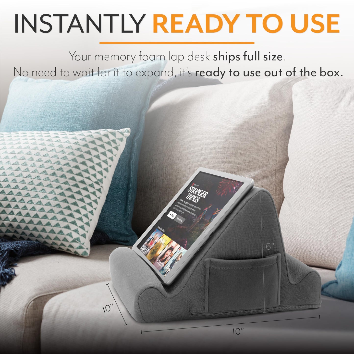 Brookstone Tablet Lap Cushion - Tablet/Phone/Ebook Holder for Bed, Flights, and Travel, Memory Foam Lap Desk for Reading and Hands Free Viewing, Compatible iPad and Kindle Accessories, Grey
