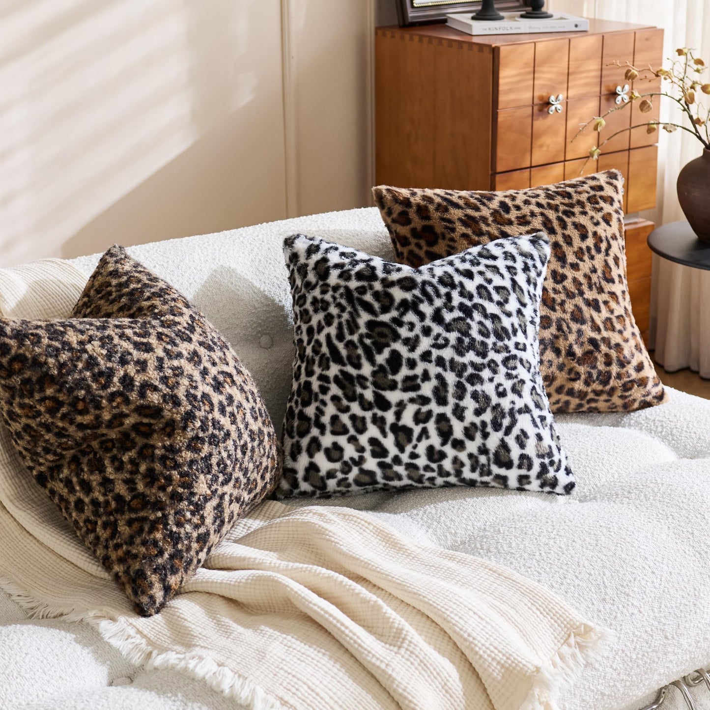 KINDREX Leopard Print Boucle Pillow Covers 18x18 Set of 2, Cloud-Like Soft & Fluffy Cheetah Cushion Cases, Eye-Catching Decor for Living Room Sofa Bedroom Decor