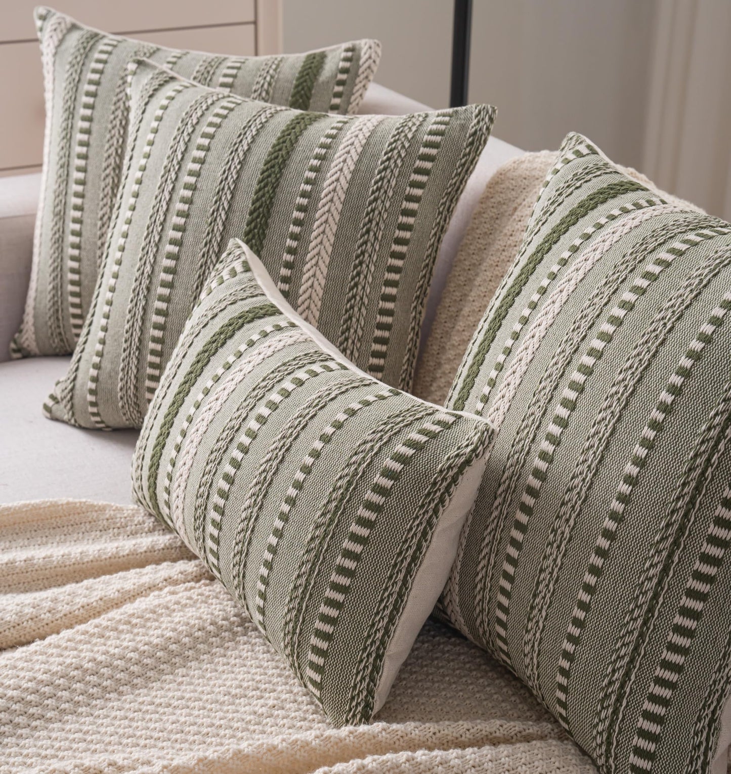 Cethom Boho Throw Pillow Covers 18x18 Inch Set of 2, Farmhouse Decorative Couch Pillow Cases, Green Accent Pillows of Bed, Sofa Bedroom Living Room Home Decor Cushion Cover