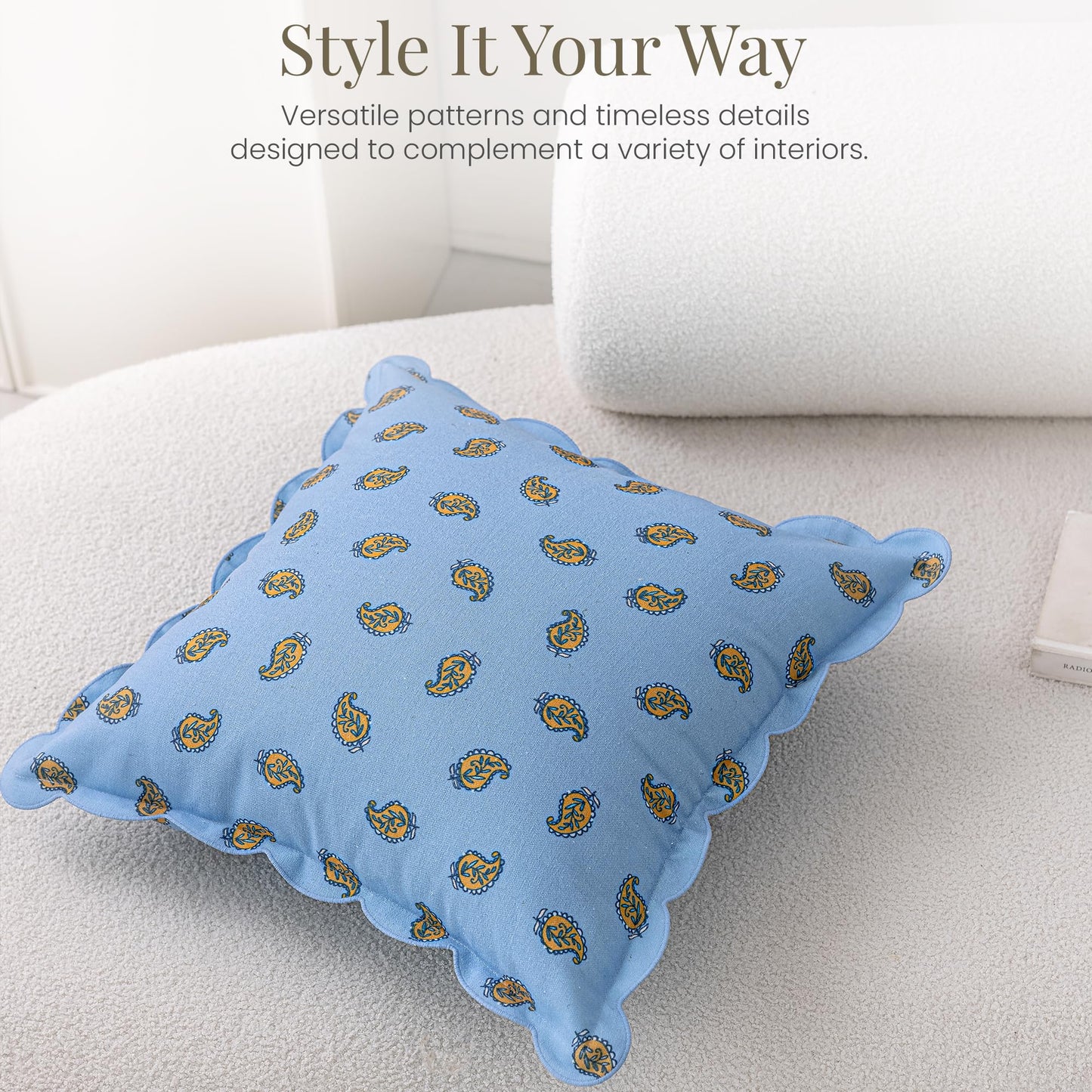DrapePalette - Scalloped Throw Pillow Covers with Block Print Floral Patterns and Hidden Zipper - Blue Paisley, 20 x 20 Inches Pack of 1 - Soft Indoor Pillow Case for Livingroom, Bedroom, or Lounge