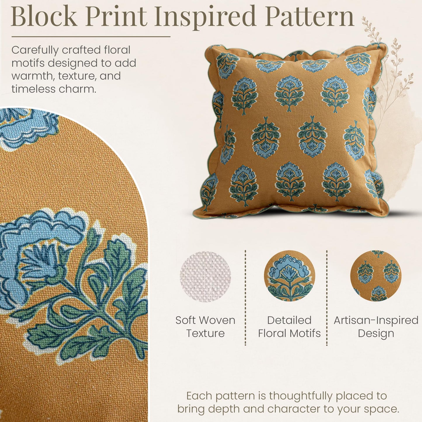 DrapePalette - Scalloped Throw Pillow Covers with Block Print Floral Patterns and Hidden Zipper - Gold Bloom, 20 x 20 Inches Pack of 1 - Soft Indoor Pillow Case for Livingroom, Bedroom, or Lounge