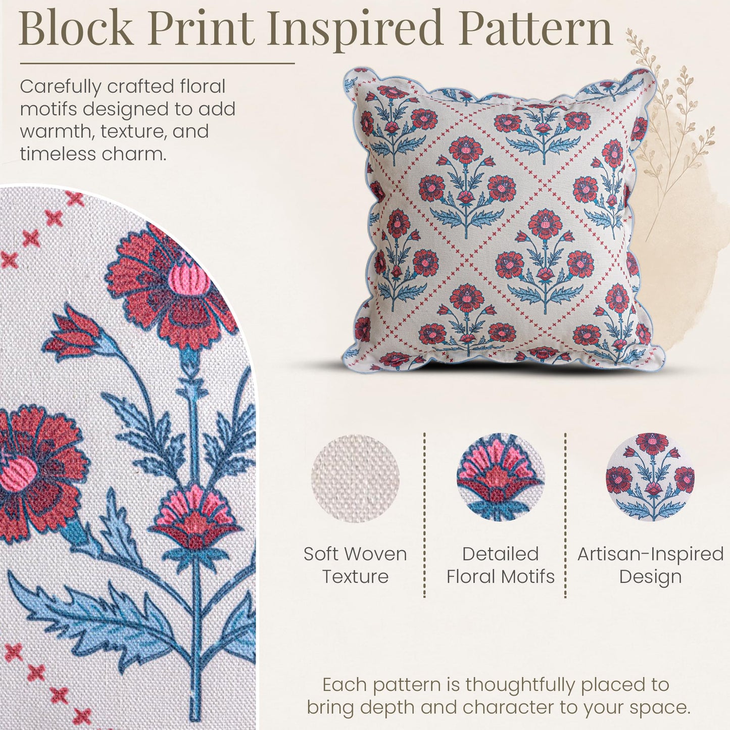 DrapePalette - Scalloped Throw Pillow Covers with Block Print Floral Patterns and Hidden Zipper - Crimson, 20 x 20 Inches Pack of 1 - Soft Indoor Pillow Case for Livingroom, Bedroom, or Lounge