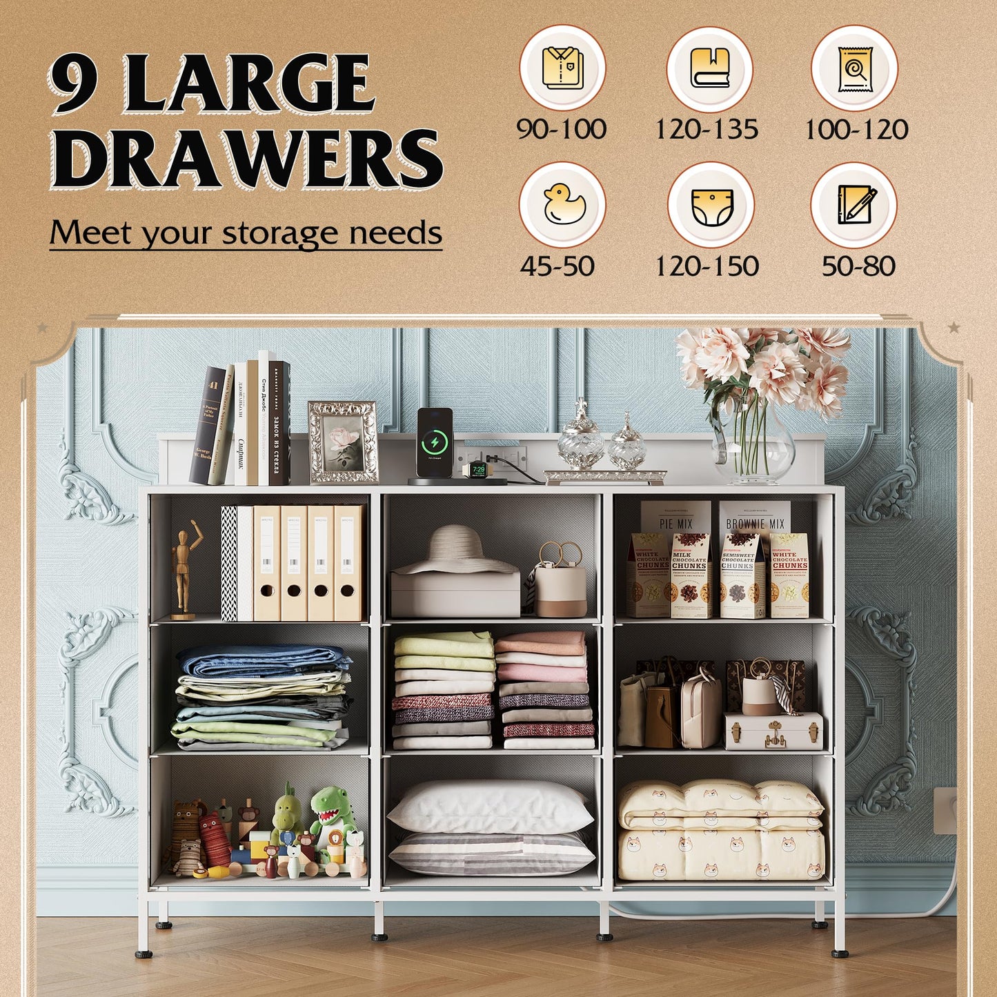 WLIVE White Dresser TV Stand for 45, 50, 55 inch TV, Entertainment Center with LED Lights & Charging Station, Chest of drawers with 9 Fabric Drawers and Open Shelves for Living Room, Hallway, Wood Top