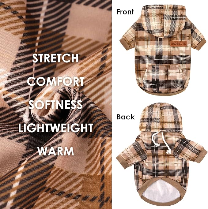 BAOBICUTE Dog Basic Hoodie Soft Dog Clothes Cold Weather Sweaters for Medium Large Dogs Cozy Fabric Warm Sweatshirt with Leash Hole (Khaki Plaid, S (Back: 12.6",Chest:18.11", Neck: 13.78"))
