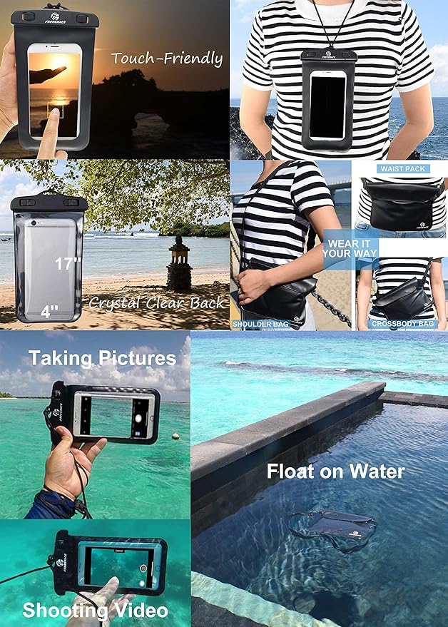 Freegrace Waterproof Dry Bags Set of 3 Dry Bag with 2 Zip Lock Seals & Detachable Shoulder Strap, Waist Pouch & Phone Case - Can Be Submerged Into Water - for Swimming (Navy Blue(Window), 20L)