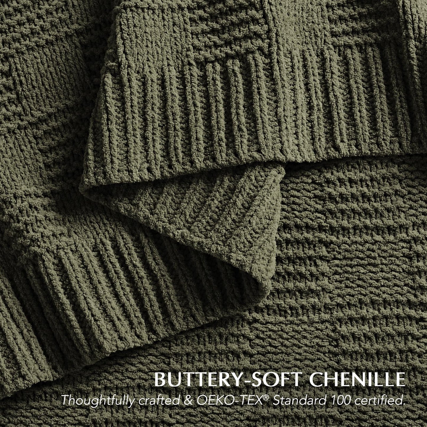 EVERGRACEHOME Modern Checkered Chenille Throw Blanket, Soft Cozy Plaid Knitted Chair Blanket for Sofa Couch, Decorative Knit Throw for Bed and Living Room, Olive Green, 50" x 60"