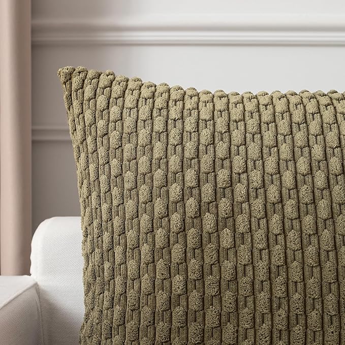 Kevin Textile Pack of 2 Corduroy Decorative Throw Pillow Covers 20x20 Inch Soft Boho Striped Pillow Covers Modern Farmhouse Home Decor for Sofa Living Room Couch Bed Olive Green