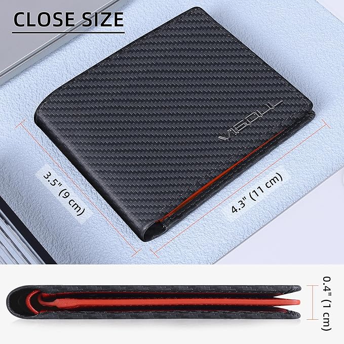 VISOUL Mens Bifold Wallet with 2 ID Windows Carbon Fiber Leather, RFID Blocking Secure Designer Billfold Wallets for Men with Two Cash Compartments (Black+Orange Red)