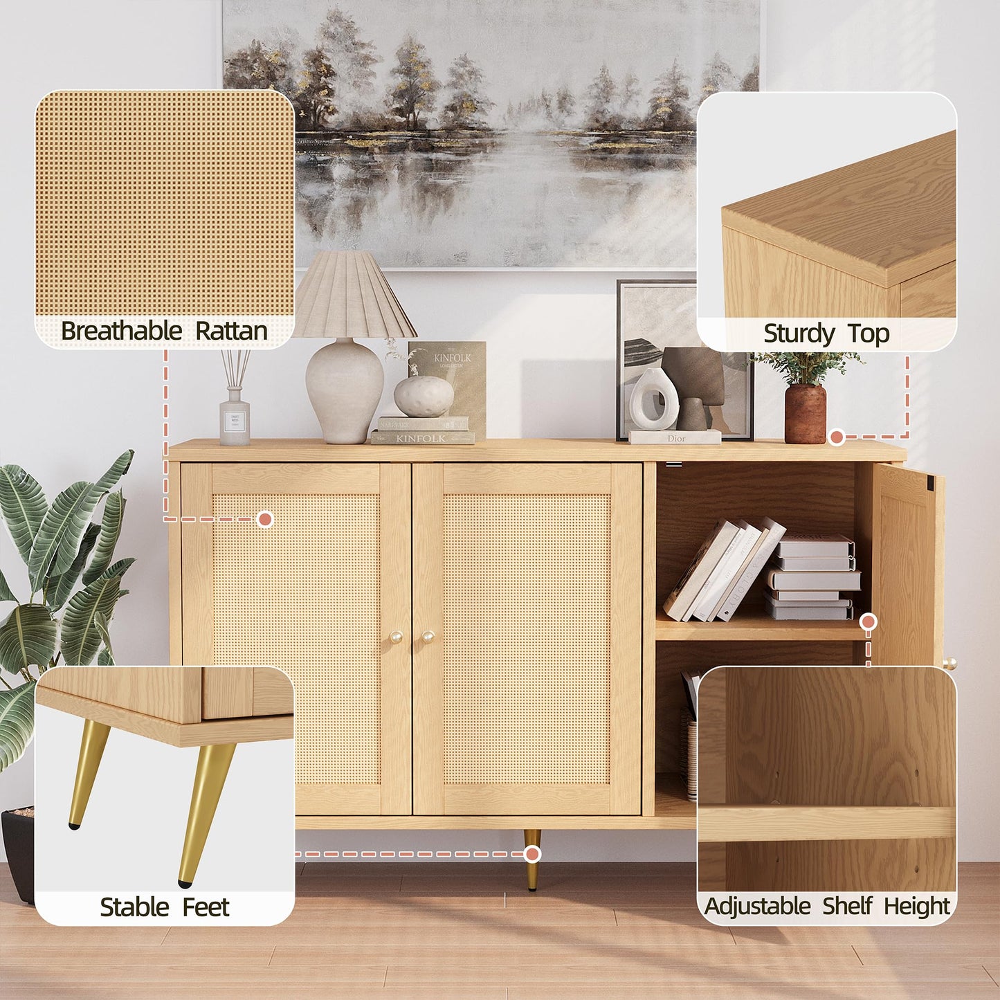 Shintenchi Large Rattan Storage Cabinet, Modern Sideboard Cabinet, Accent Large Storage Space Cabinet with Rattan Decorated Doors for Living Room, Dining Room