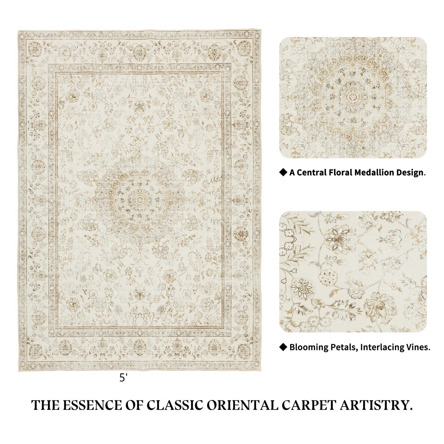 Farmhouse Washable Rug for Living Room: Boho 5x7 Area Rugs for Bedroom Soft Non Slip - Thin Stain Resistant Carpet for Dining Room Indoor - Cream Beige
