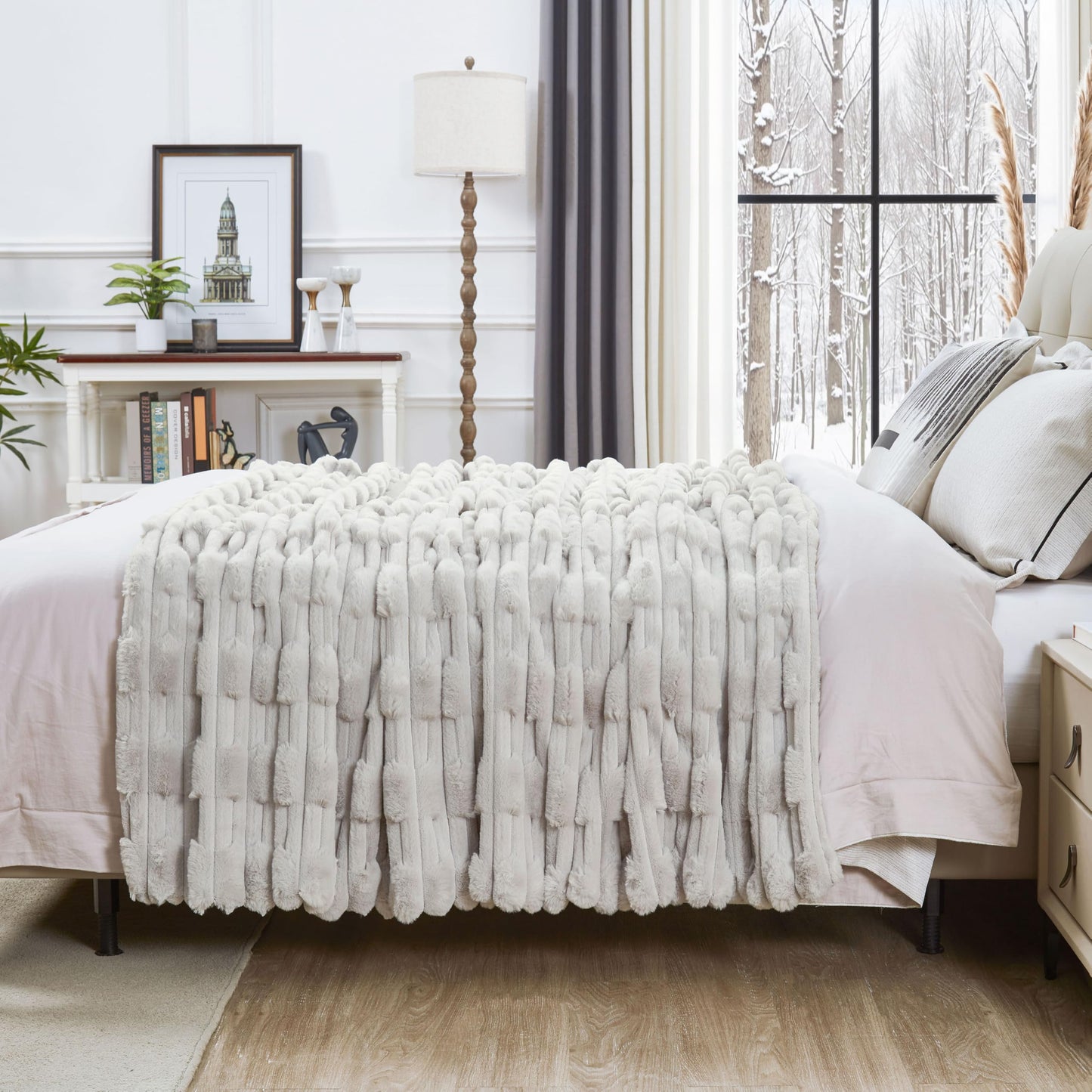 JONIYEAR Soft Fluffy Striped Faux Rabbit Fur Throw Blanket for Couch 50" x 60", Decorative 3D Geometric Warm Fuzzy Fur Blankets for Winter, Reversible Shaggy Accent Cozy Furry Blanket for Sofa, Grey