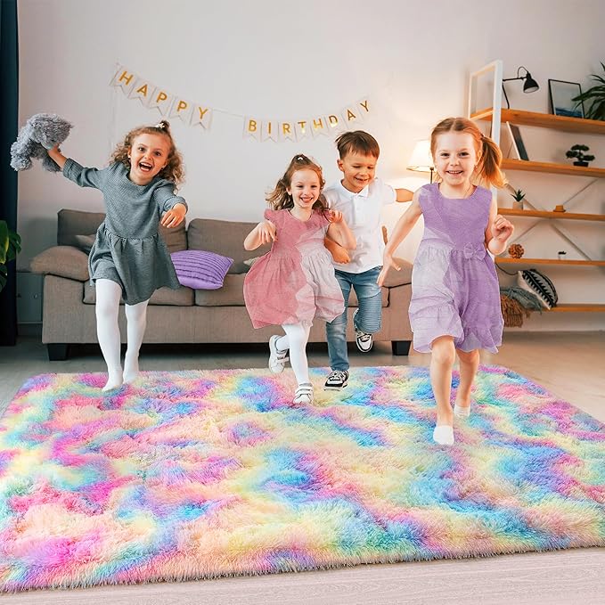 Large 9x12 Area Rug for Living Room, Ultra Soft Shag Thick Fluffy Plush Fuzzy Carpet for Bedroom, Girls Boys Kids Room Non Slip Dorm Rug for Home Decor Aesthetic, Rainbow