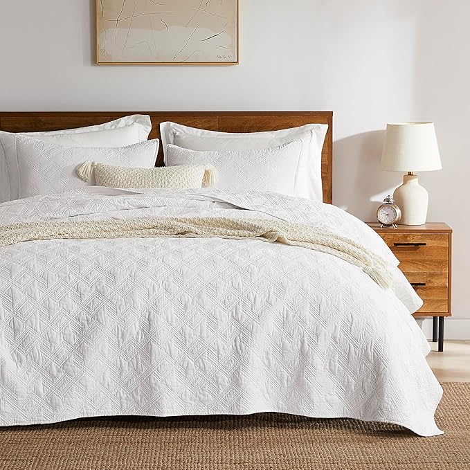 WDCOZY 100% Cotton Twin Size Quilt Set - White Pre-Washed Soft Lightweight Modern Bedspread, Farmhouse Country Rustic Coverlet, Textured Like Linen, Shabby Chic Gauze Bedding, 2 Pieces