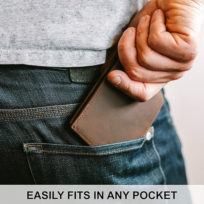 Top Grain Leather Wallet for Men | RFID Blocking | Extra Capacity Bifold Wallet with 2 ID Windows | Ultra Strong Stitching | Slim Billfold with 8 Card Slots | Gift for Him