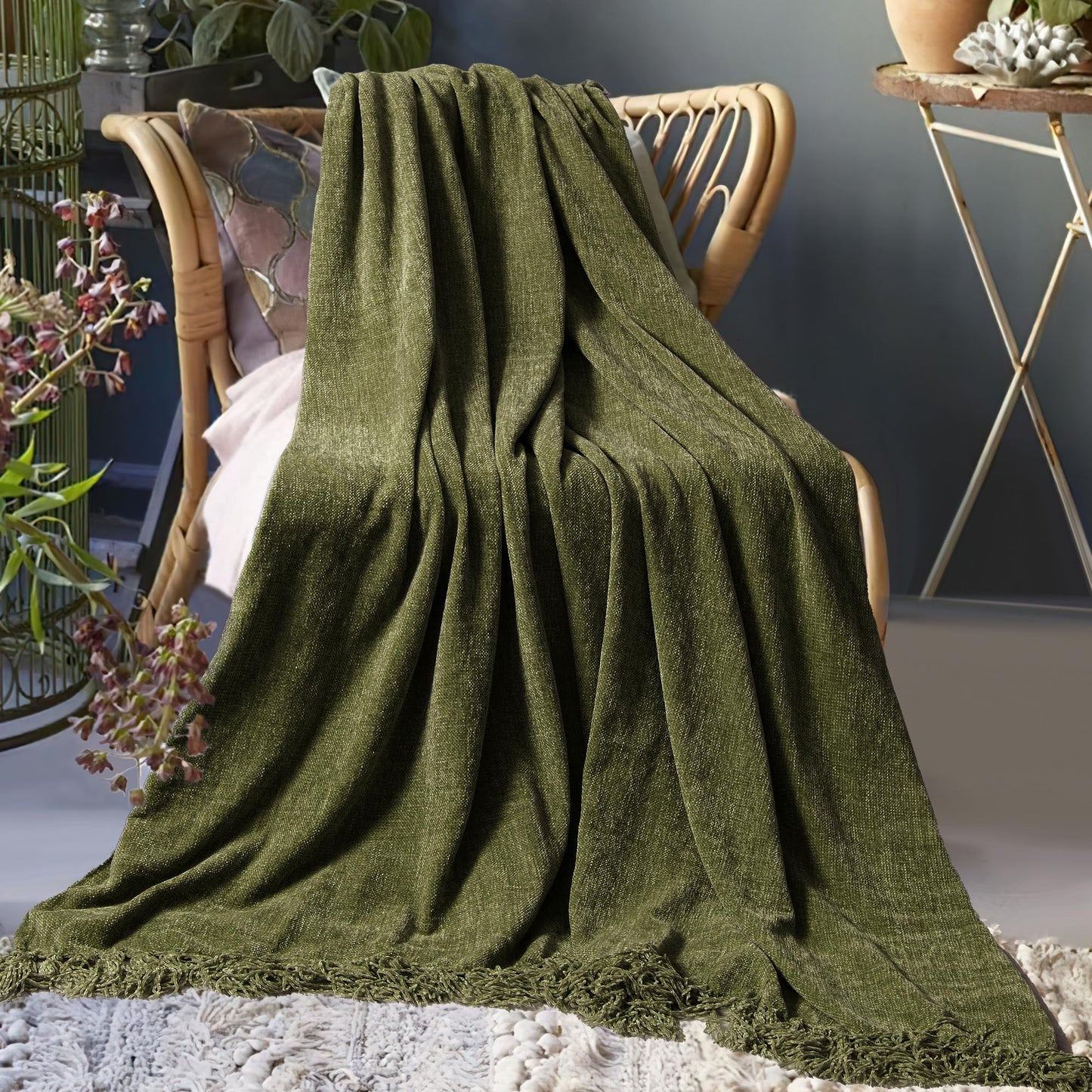 LONG CREATE Chenille Throw Blanket for Couch 50"X 60", Soft Cozy Throws with Fringe Tassel for Bed Sofa Chair Cover, Lightweight Knitted Decorative Boho Blankets for Living Room, Olive Green